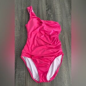 Pink Flattering One Shoulder Swimsuit tummy control miracle slimming bathing med